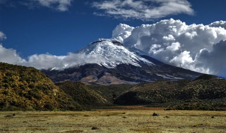 Snow-capped Cotopaxi Volcano under a blue sky